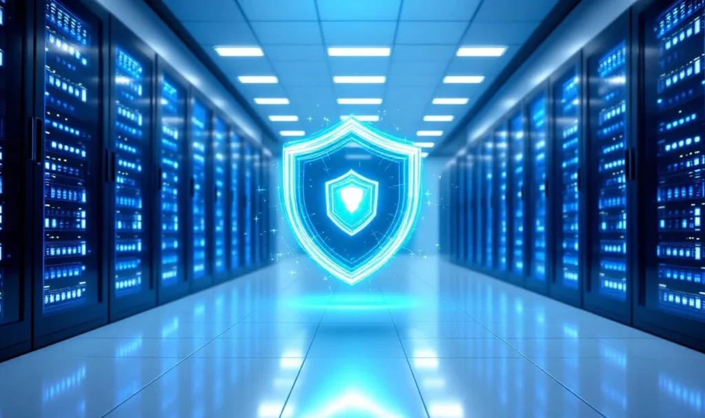 Secure server room with holographic shield representing website protection